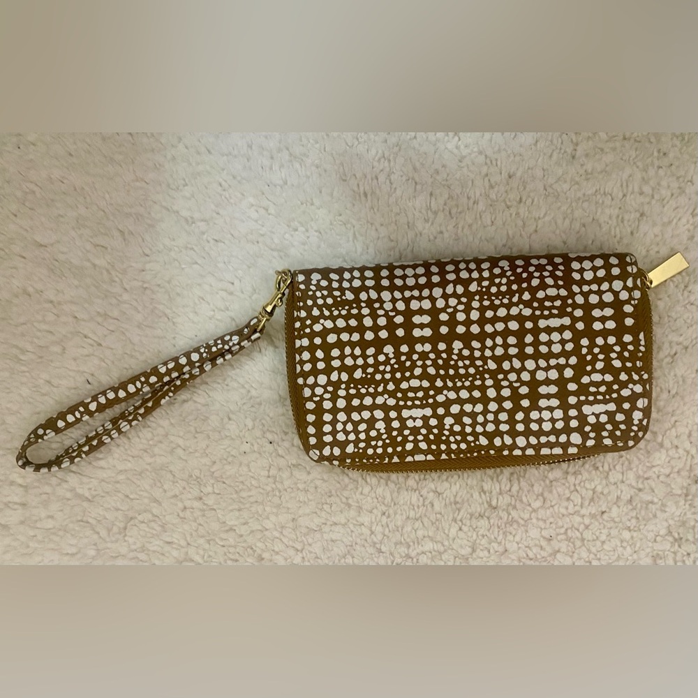 Brown and White Embellished Wristlet Clutch